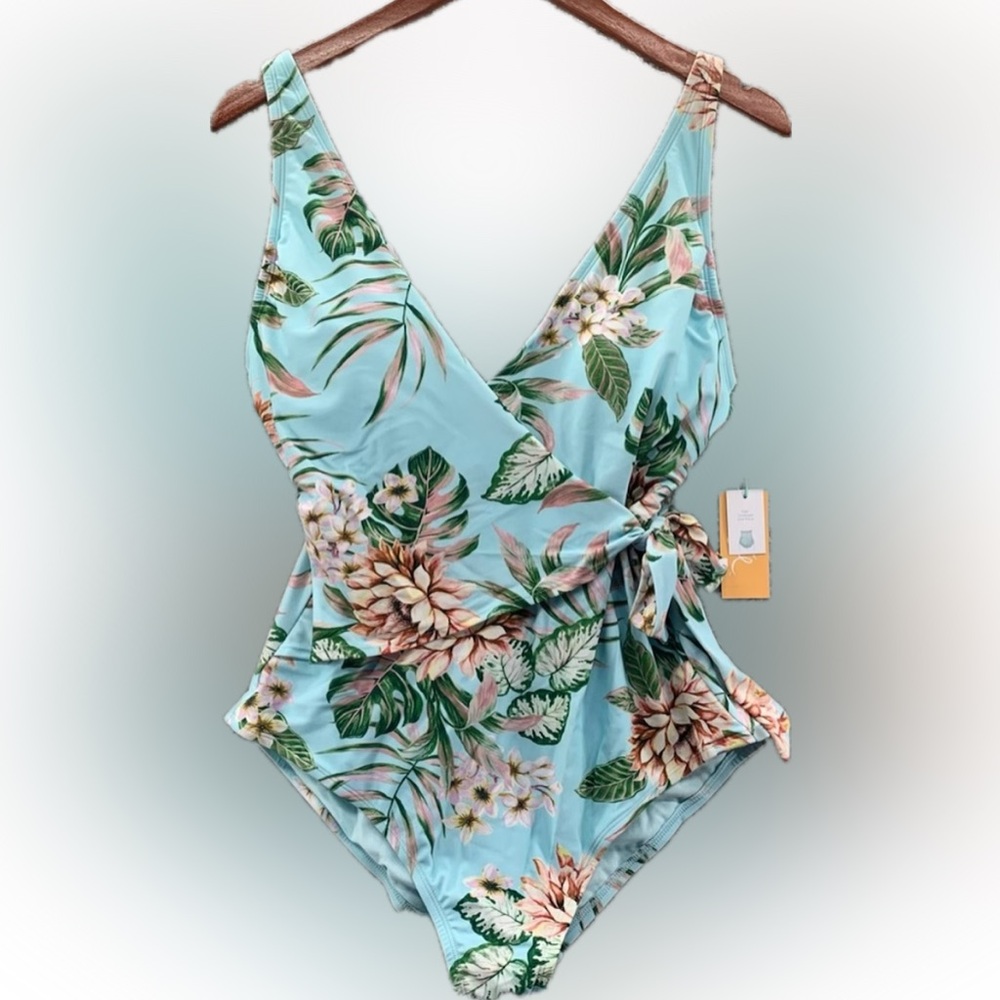 Kona Sol Blue Floral Front Wrap One Piece Swimsuit